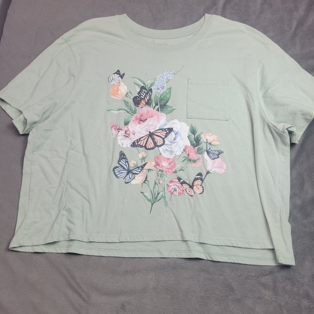 Zoe Liv Shirt Womens Size XXL Green Butterfly Pocket Short Sleeve Comfort Tee